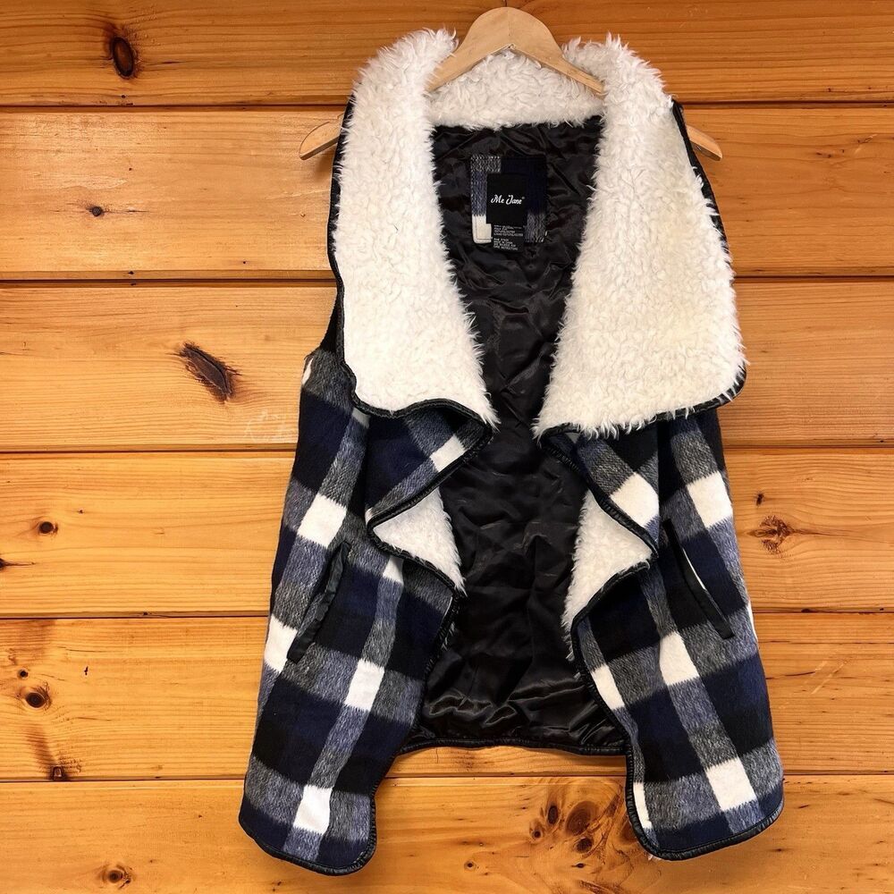 Me Jane Buffalo Plaid Wool Faux Fur Leather Trim Vest Black Size M